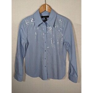 WHBM Button Down Sequin Striped Poplin Shirt Blue White Stripe Women's Size 4